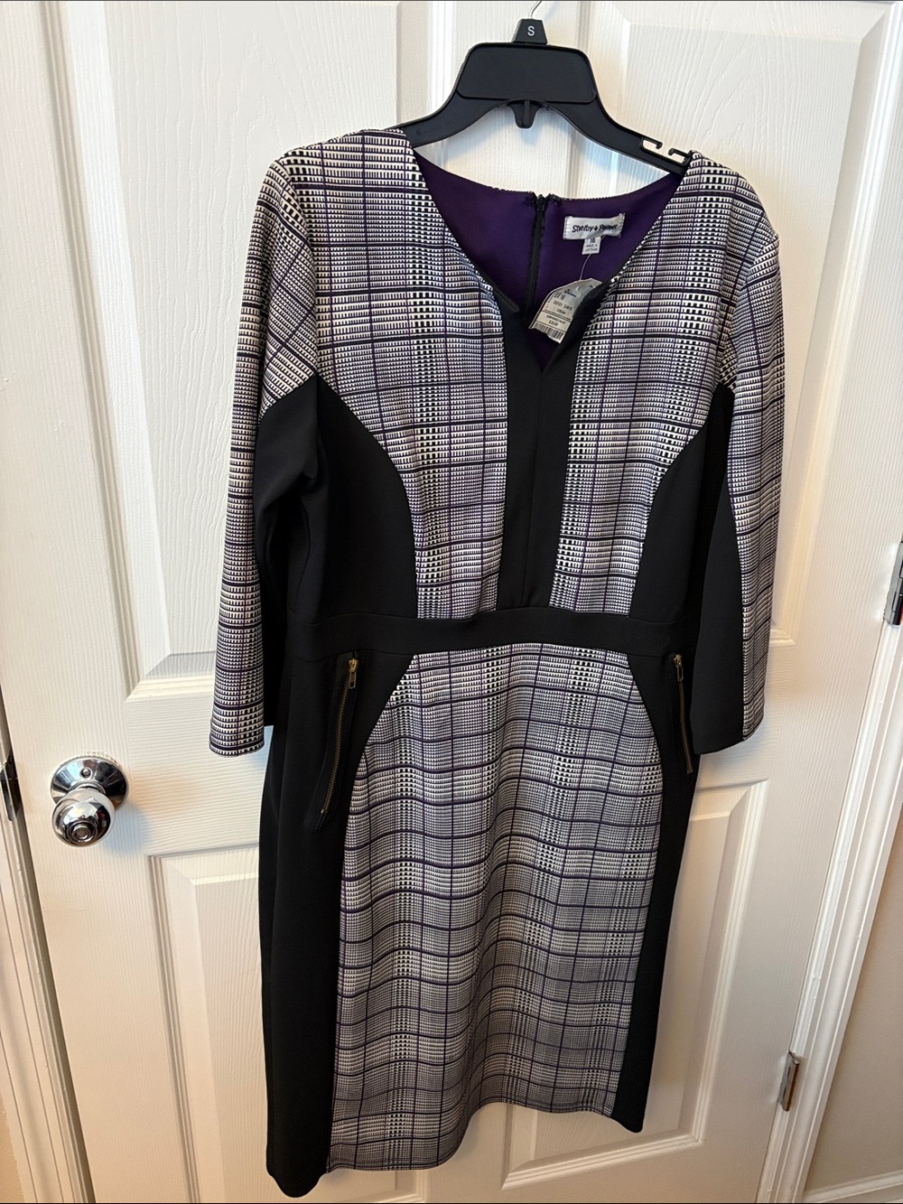 New Shelby & Palmer Purple Plaid Midi Dress with Black Panels